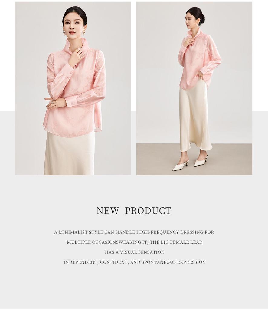 Elegant Silk Jacquard Stand Collar Shirt - Spring Style