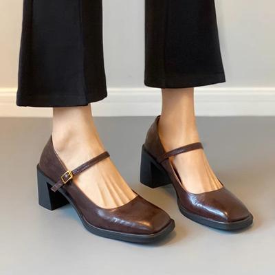 Retro Mokasyny Damskie Kwadratowy Nosek Mary Janes Buty 2025 Nowa Wiosna Lato Klamra przy Kostce Szpilki Eleganckie Damskie Buty Czarne Wysokie Obcasy
