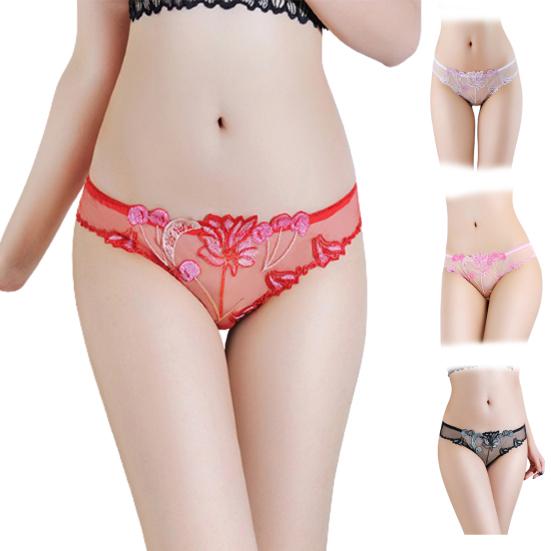 Underwear Transparent Embroidery Cotton Crotch Sheer Mesh Transparent Embroidery Thongs for Honeymoon