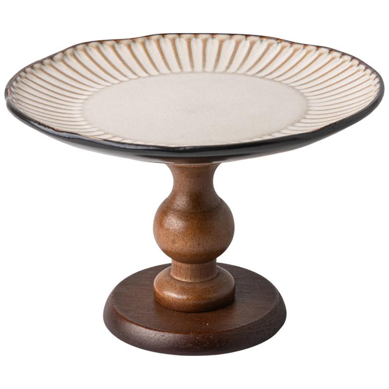 Retro Wooden Fruit Plate High-Footed Tray Household Ceramic Pastry Fruit Plate Housewarming New Home Ornament Export
