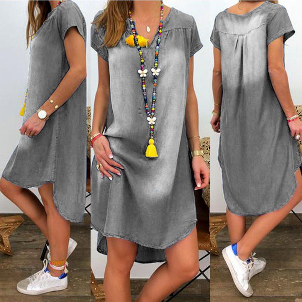 Ladies' Casual and Solid Color V-neck Short Sleeved Denim Dress