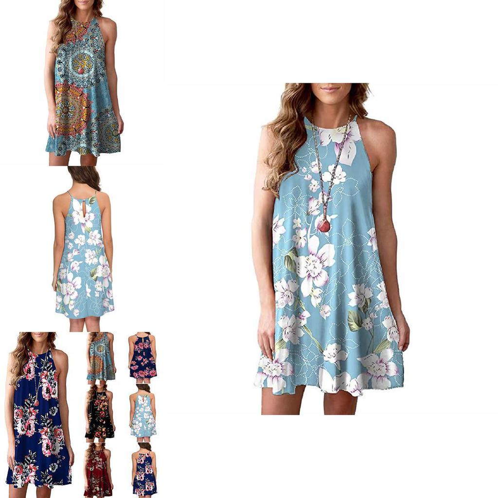 Elegant Women Fashion Splicing Color Print Hanging Neck Hem Mini Dress In Premium Quality Materials