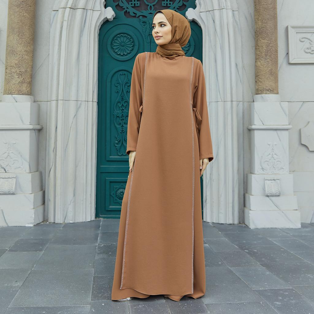 Side Tie Long Sleeve Plus Size Muslim Women Dress Abaya