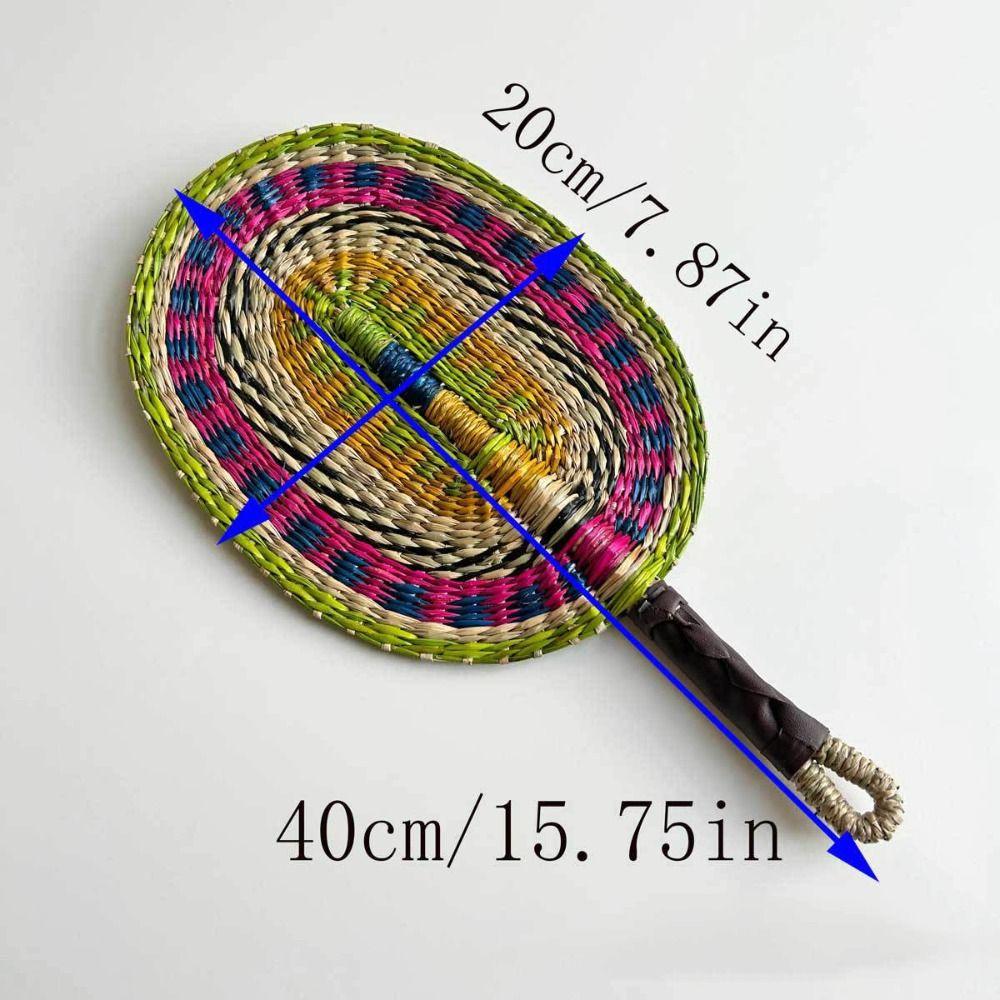 Vintage Seagrass Woven Fan Colorful Striped Patterns Summer Cooling Fan  Home Decoration