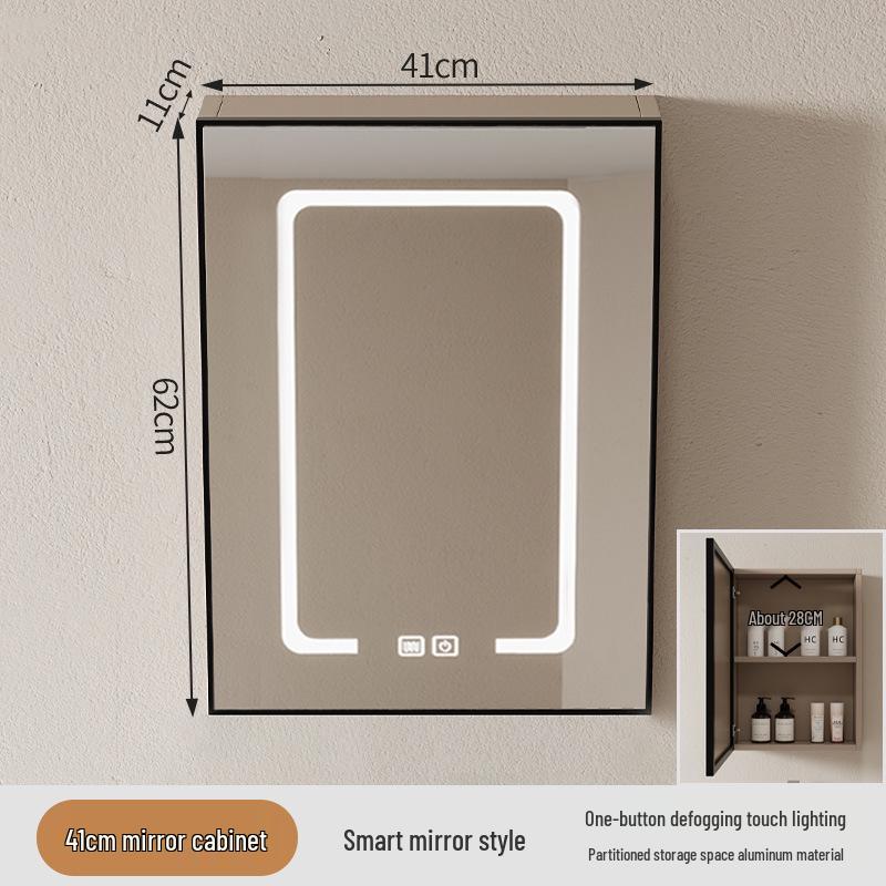 40cm x 50cm Space Aluminum Smart Mirror Cabinet with Lights & Defogging, Punch-Free Wall-Mounted for Small Bathrooms