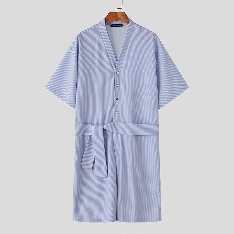 

INCERUN Мужские летние комбинезоны с коротким рукавом, на пуговицах, с поясом, полосатые, короткие ромперы XL синий