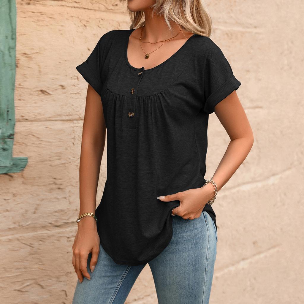 Women’s Casual Short Sleeve Pullover T Shirt with Crew Neck and Button Loose Fit Summer Top Blouse
