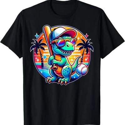 Funny T-rex Dinosaur Baseball Player Kids Boys Toddlers T-Shirt
