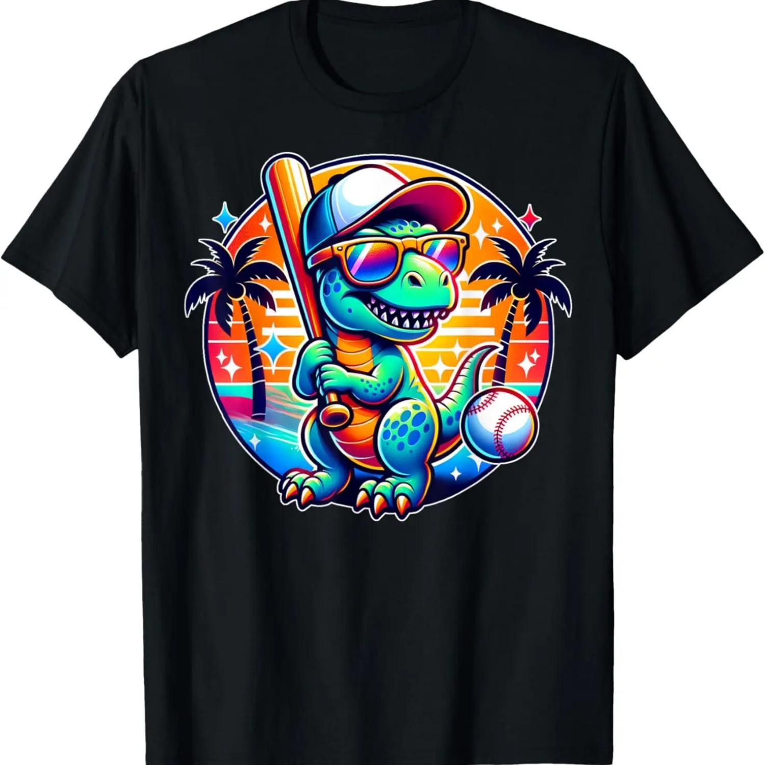 Funny T-rex Dinosaur Baseball Player Kids Boys Toddlers T-Shirt S