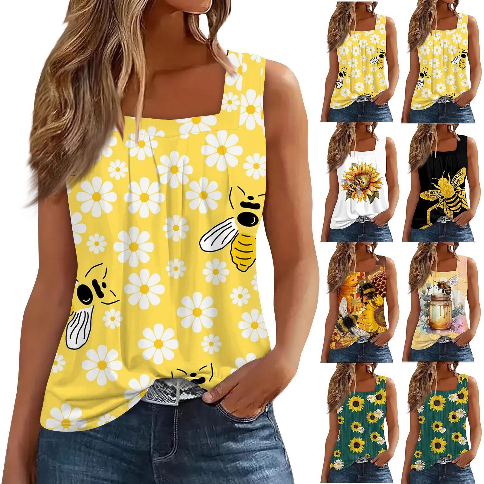 

Женская мода повседневная плиссированная жилетка без рукавов с квадратным воротником и принтом летняя футболка L чёрный