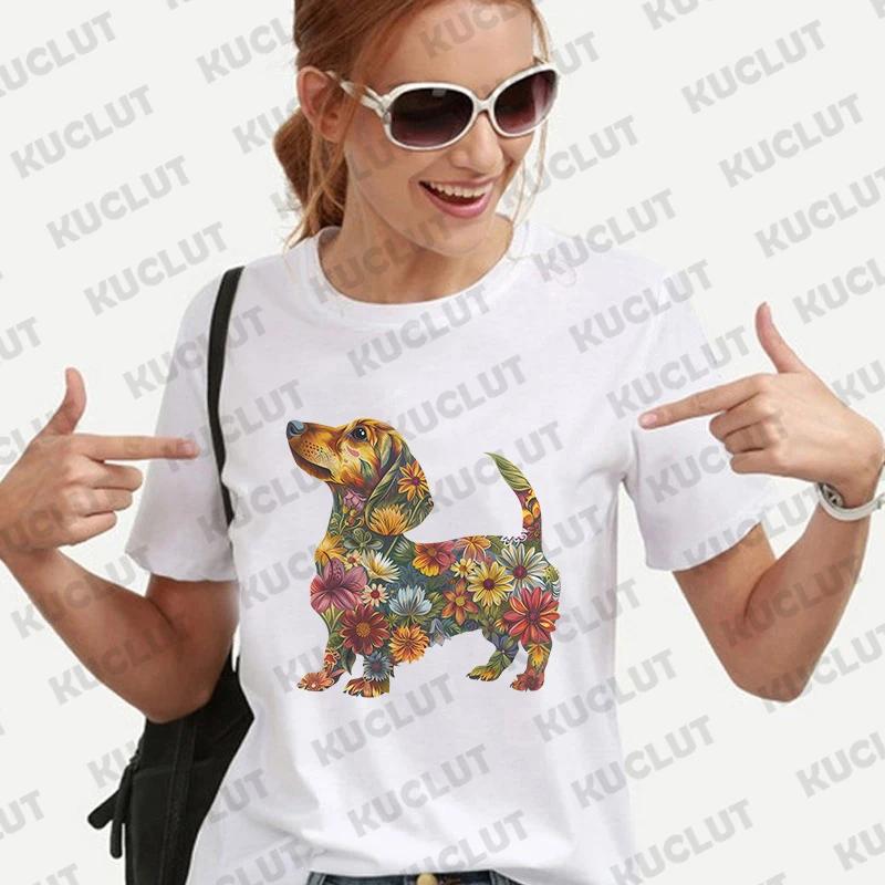 

Женская футболка с цветочным принтом таксы Харадзюку Летняя футболка Повседневные женские футболки для леди С коротким рукавом Топы Y2k Одежда Харадзюку XL