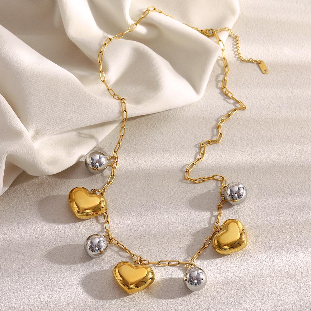 MamacitaSlay 316L Stainless Steel Double Color Heart Ball Pendant Necklace Party Waterproof Neck Jewelry Women's Charm Necklace