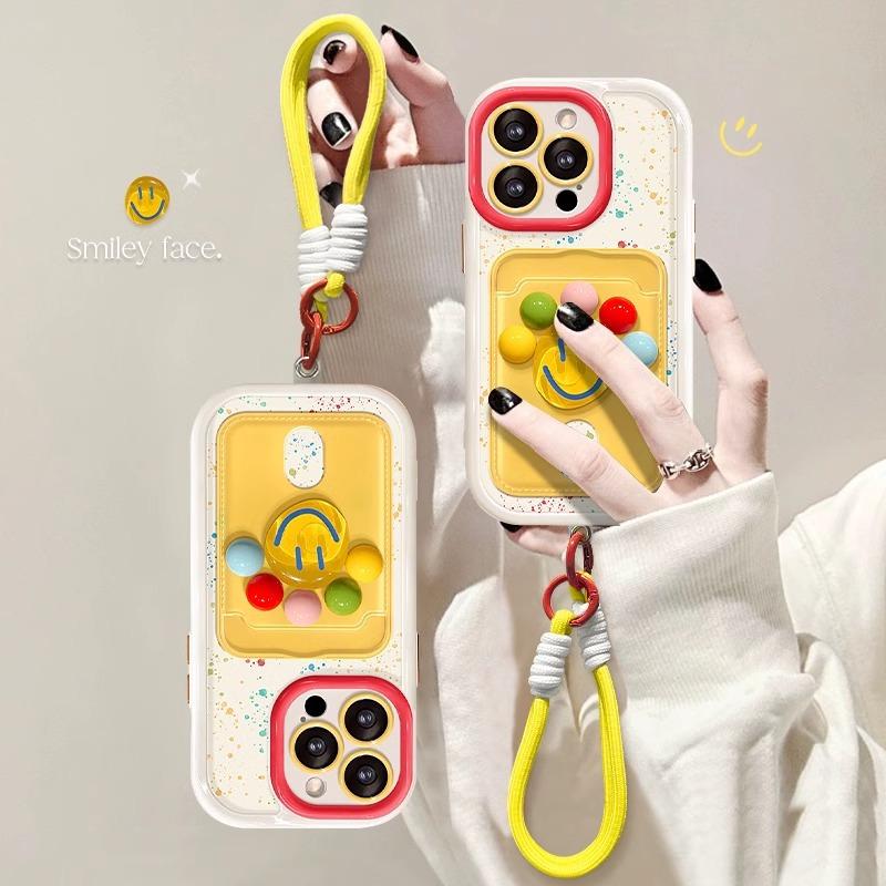 ins storm point three-dimensional smiley face applies to iPhone15promax Apple 14 mobile phone case 13 lanyard 17 card bag