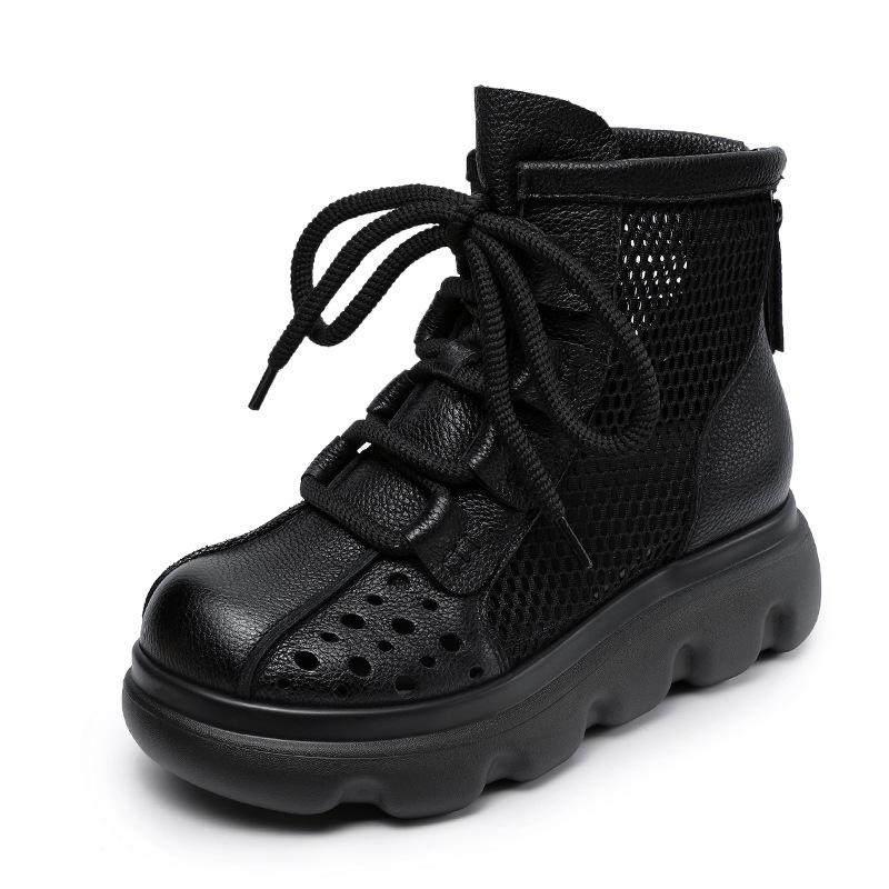 Johnature Genuine Leather Hollow-out Short Boots Mesh Breathable Thick Soled Women's Shoes