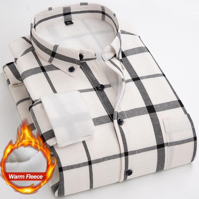 Winter Fleece Men's Warm Shirt Classic Plaid Thicken Slim Business Casual Long-sleeved Warm Office Plush Velvet Shirts Dress