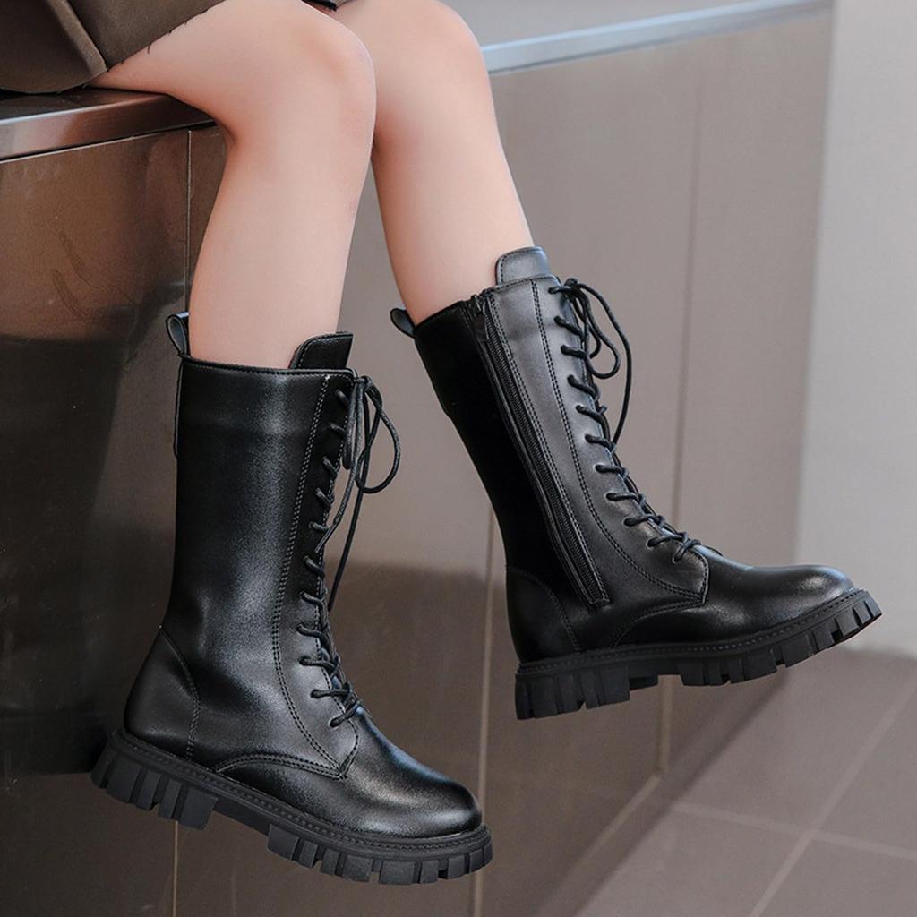 Autumn/Winter ZIP Fashion Cool Baby Girls Warm Square Heel Round Toe Casual Lace-Up Comfortable Kids Black Mid Boots