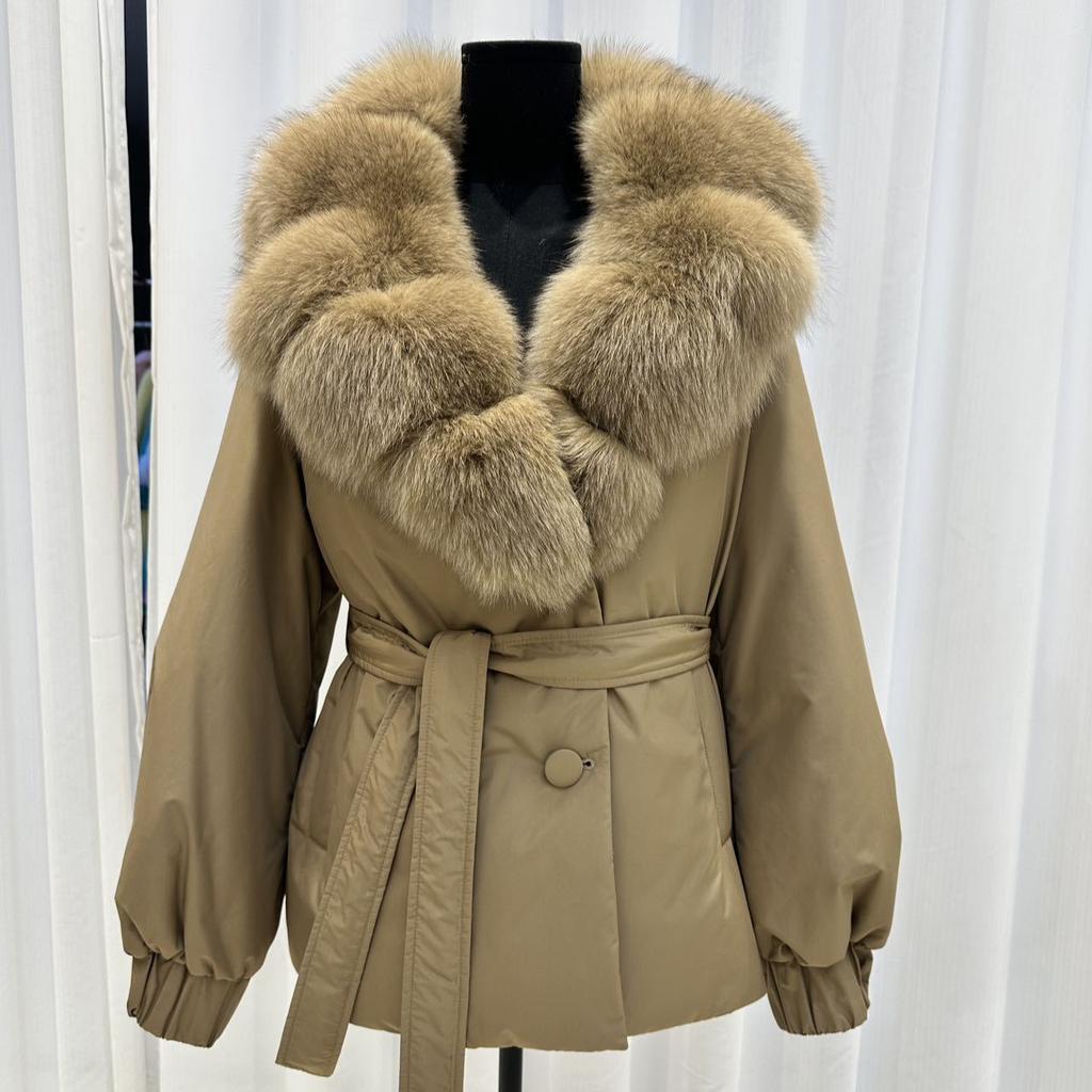 Autumn and Winter New Oversized Real Fox Fur Collar White Duck Down Jacket Medium and Long Waist Lace-up Thickened Warm Jacket