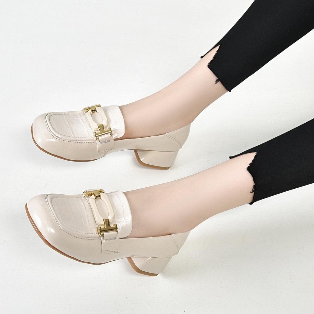 Round head spring and autumn style square head temperament single shoes embossed cowhide thick heel foot cover one shoe two wear women's shoes