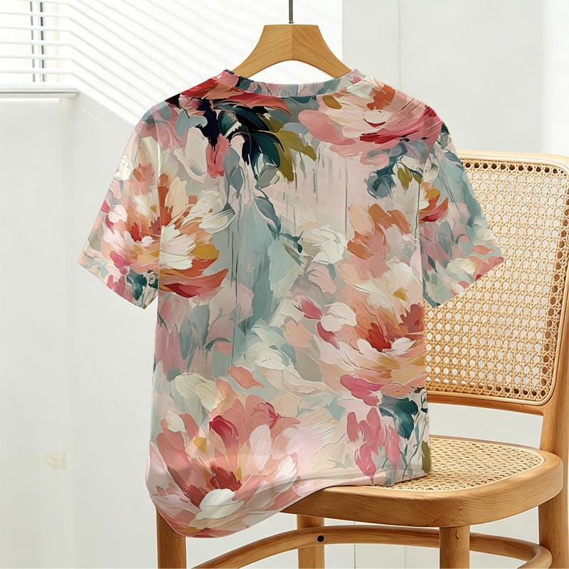 Women's Basic Short Sleeve Top Colorful Floral Print,Soft & Loose Fit,Fashionable Comfortable Casual Top for Daily Wear & Shopping
