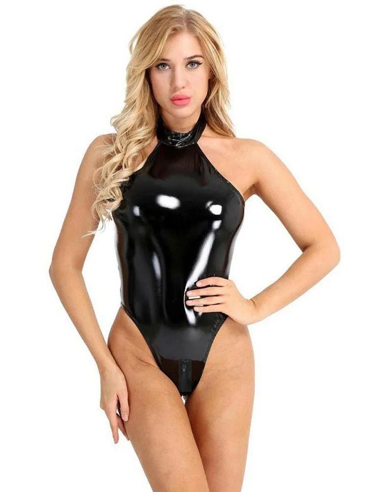 S-4Xl Halter Backless Swimsuit Faux Shiny Pu Leather Zipper Open Crotch Bodysuit Wet Look Pvc Catsuit Tights Sexy Body Teddies