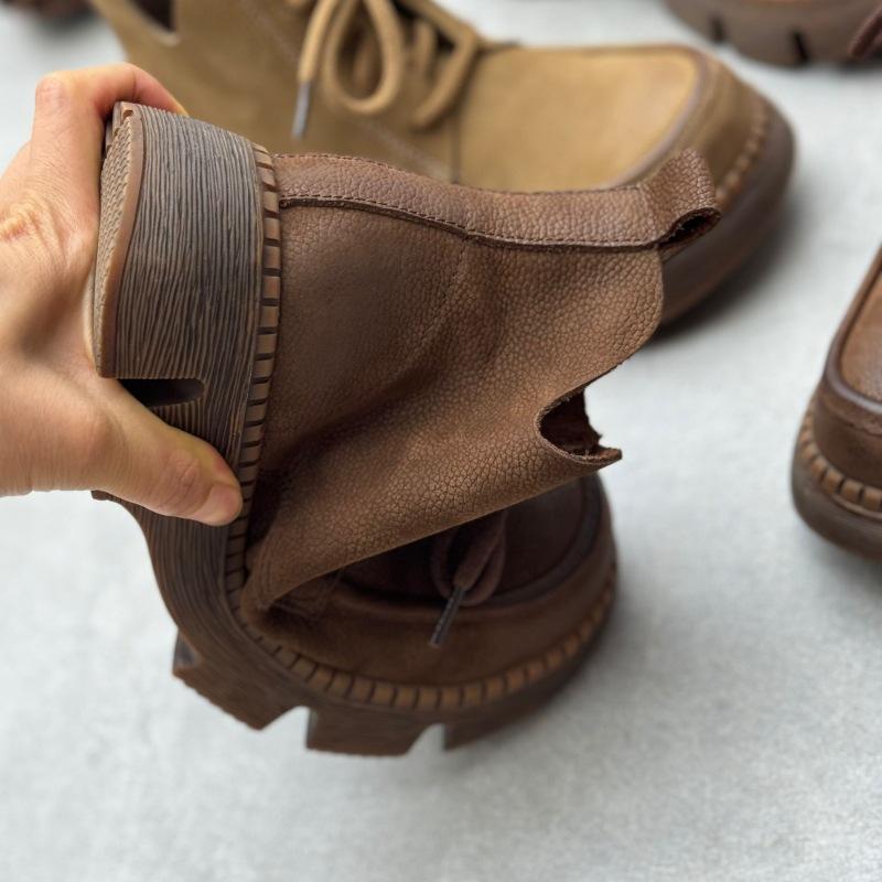 Johnature Handmade Genuine Leather Short Boots Retro Thick Soled Round Toe Lace Up Women's Shoes