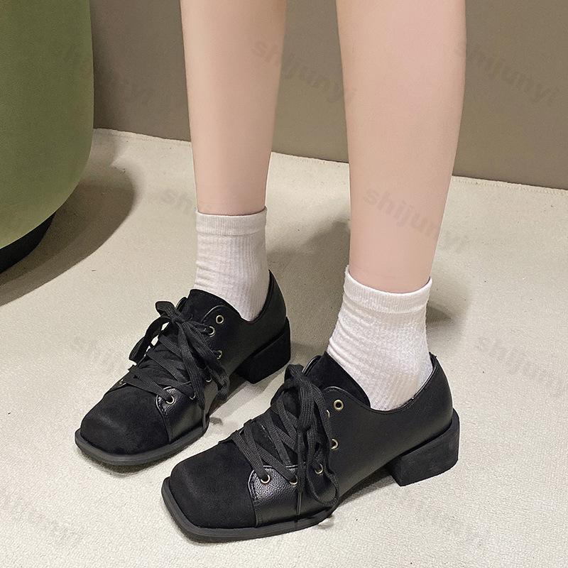 Autumn Women's Retro Square Head Shallow Mouth Casual Single Shoes Fashion Versatile Comfortable Lace Up Coarse Heel Pumps