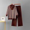 Polo Collar Striped Sweater Set Women Autumn and Winter Foreign Trade Loose European and American Fashion Leisure Knit Two Piece Temu