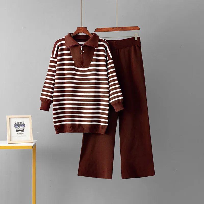 Polo Collar Striped sweater Set Women Autumn and Winter Foreign Trade Loose European and American Fashion Leisure Knit two piece Temu