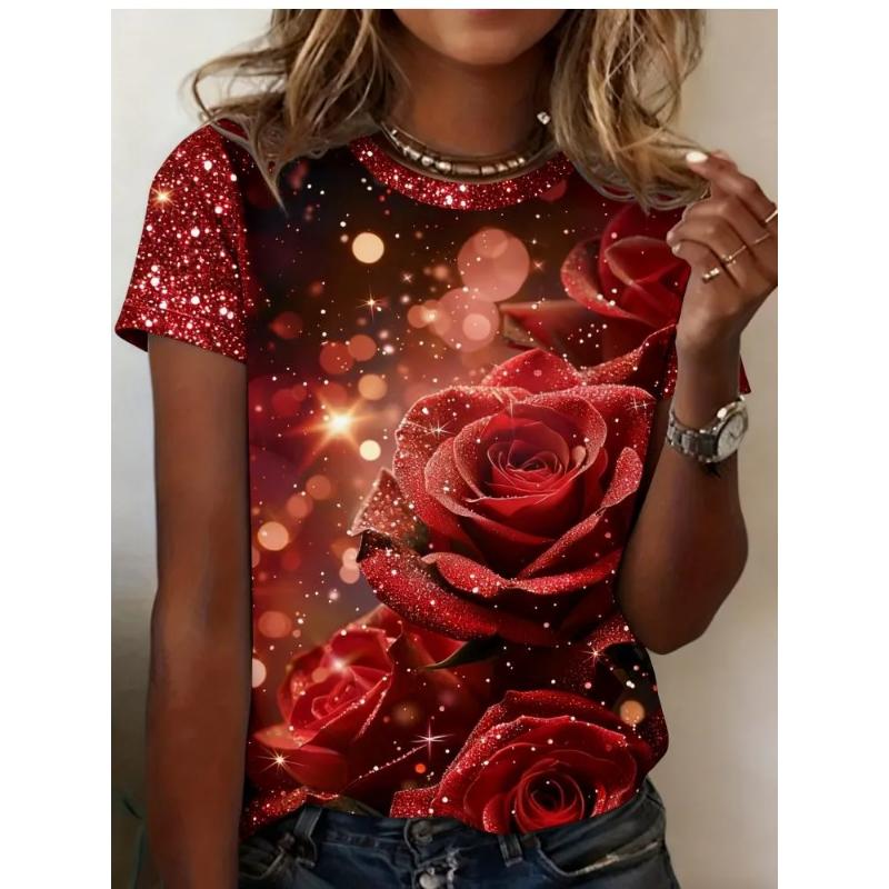 Fashion Women's Flower Short Sleeve 3D Flower Short Sleeve Crew Neck T-Shirt Crew Neck Short Sleeve