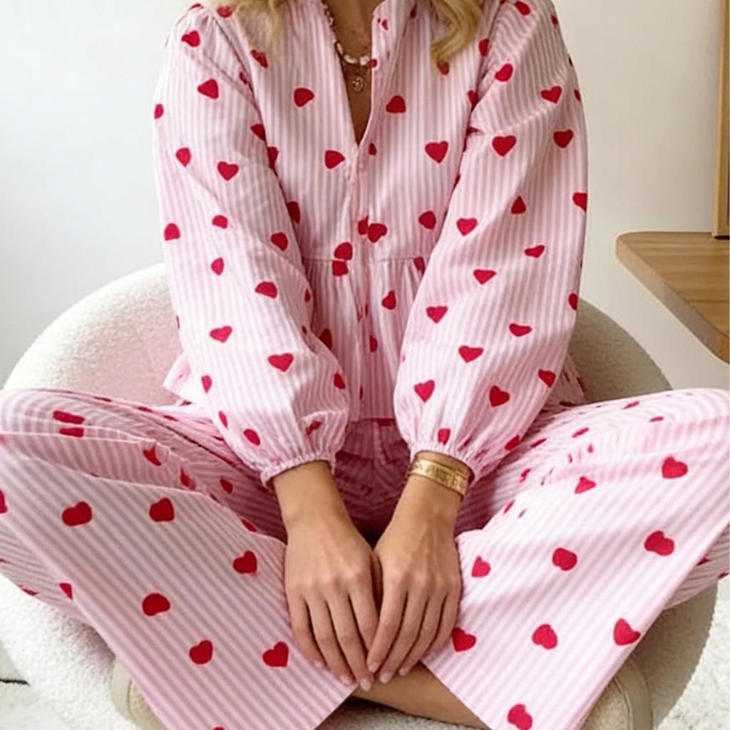 Spring Autumn Home Sleepwear Set - Silk Breathable Striped Heart Pattern Home Clothing