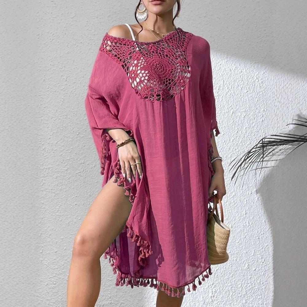 Loose Swimsuit Cover Up Dress Hollow Out Beachwear Shirt Fashion Summer Sunscreen Smock  for Women