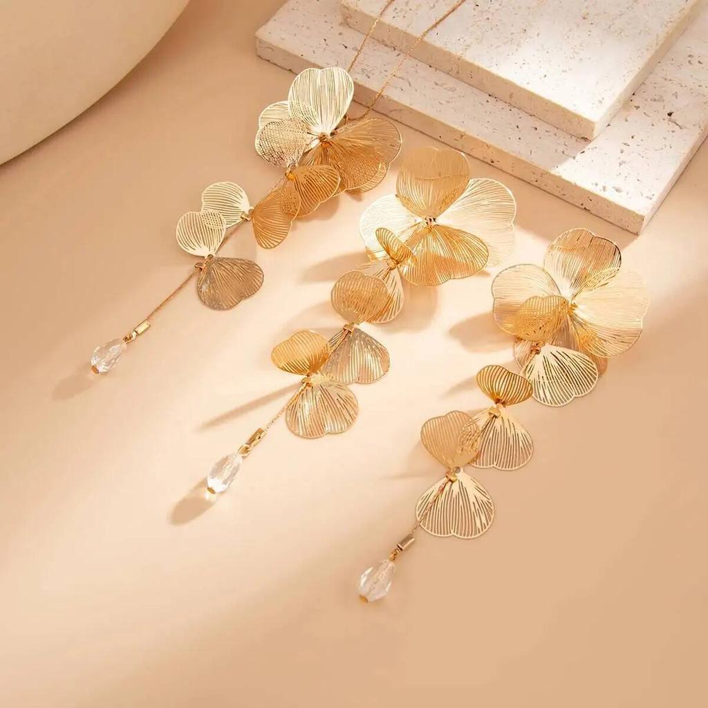 SHIXIN Elegant Leaf Flower Pendant Necklace Drop Earrings Jewelry Set For Women Golden Petals Tassel Long Necklace Party Jewelry