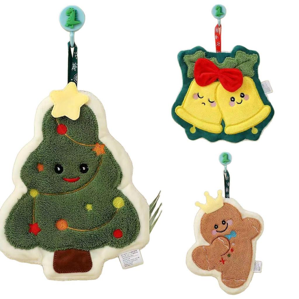 Adorable Christmas Hangable Absorbent Hand Towel - Thick Cartoon Washcloth for Bathroom and Kitchen