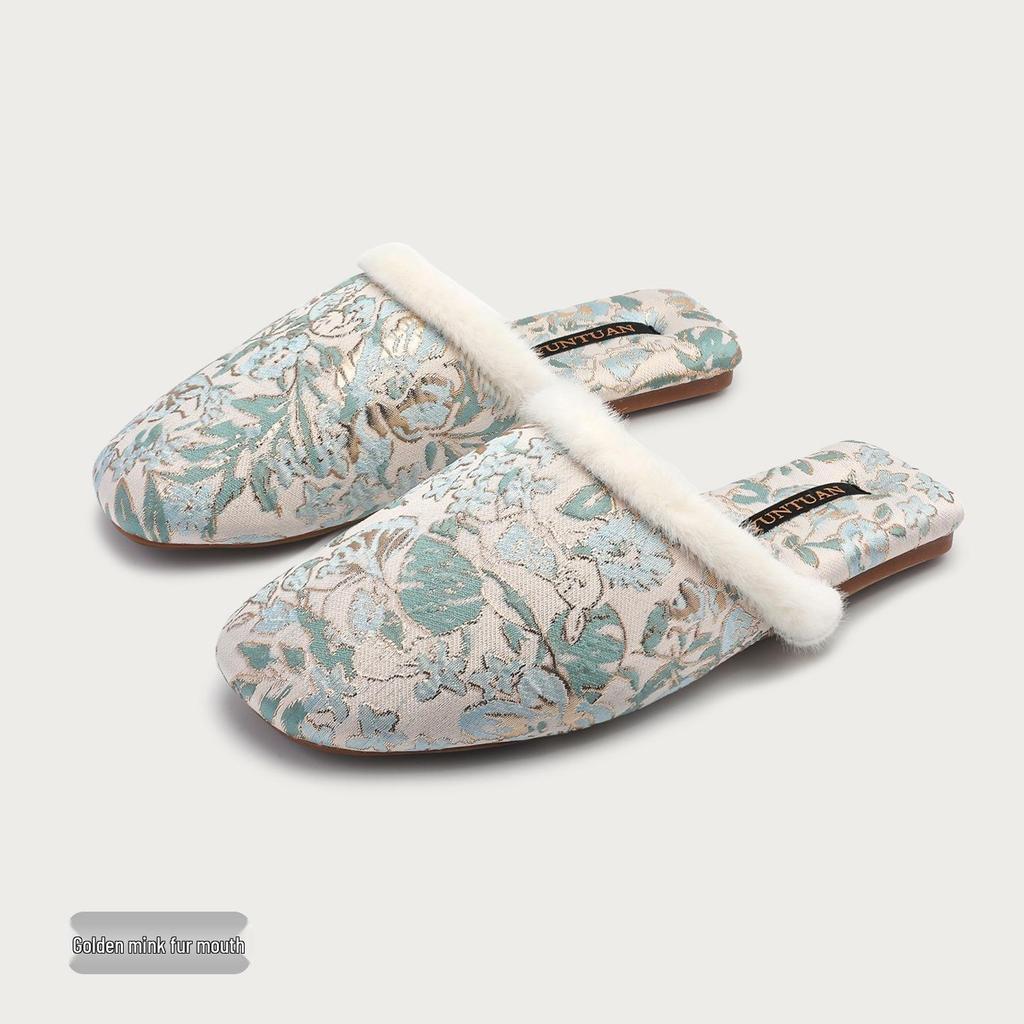 Damen Fleecegefütterte Florale Jacquard Chinesischer Stil Rutschfeste Warme Baumwollpantoffeln für Herbst und Winter