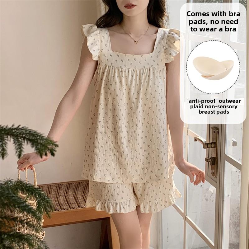 Summer cartoon Pajamas Set with Chest Pad for Women Homewear Sexy loose tank Tops and Shorts 2 Pieces set Pyjamas girl Sleepwear