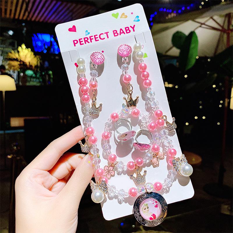 Princess Cartoon Jewelry Set for Girls: Necklace, Ring, Bracelet with Luminous Crystal Beads