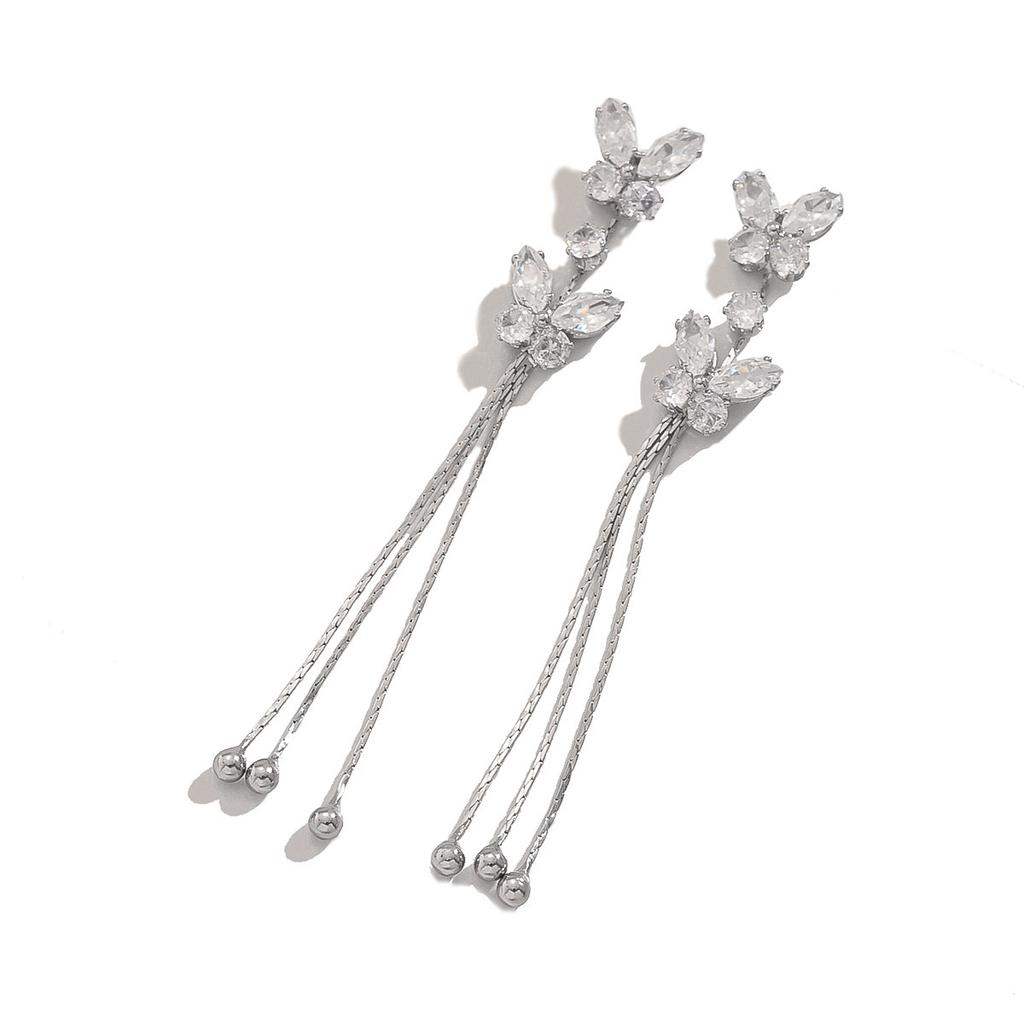 14K Real Gold Electroplating, French Light Luxury Zircon Butterfly Fringed Earrings, High-End Temperament, Daily Earrings For Women
