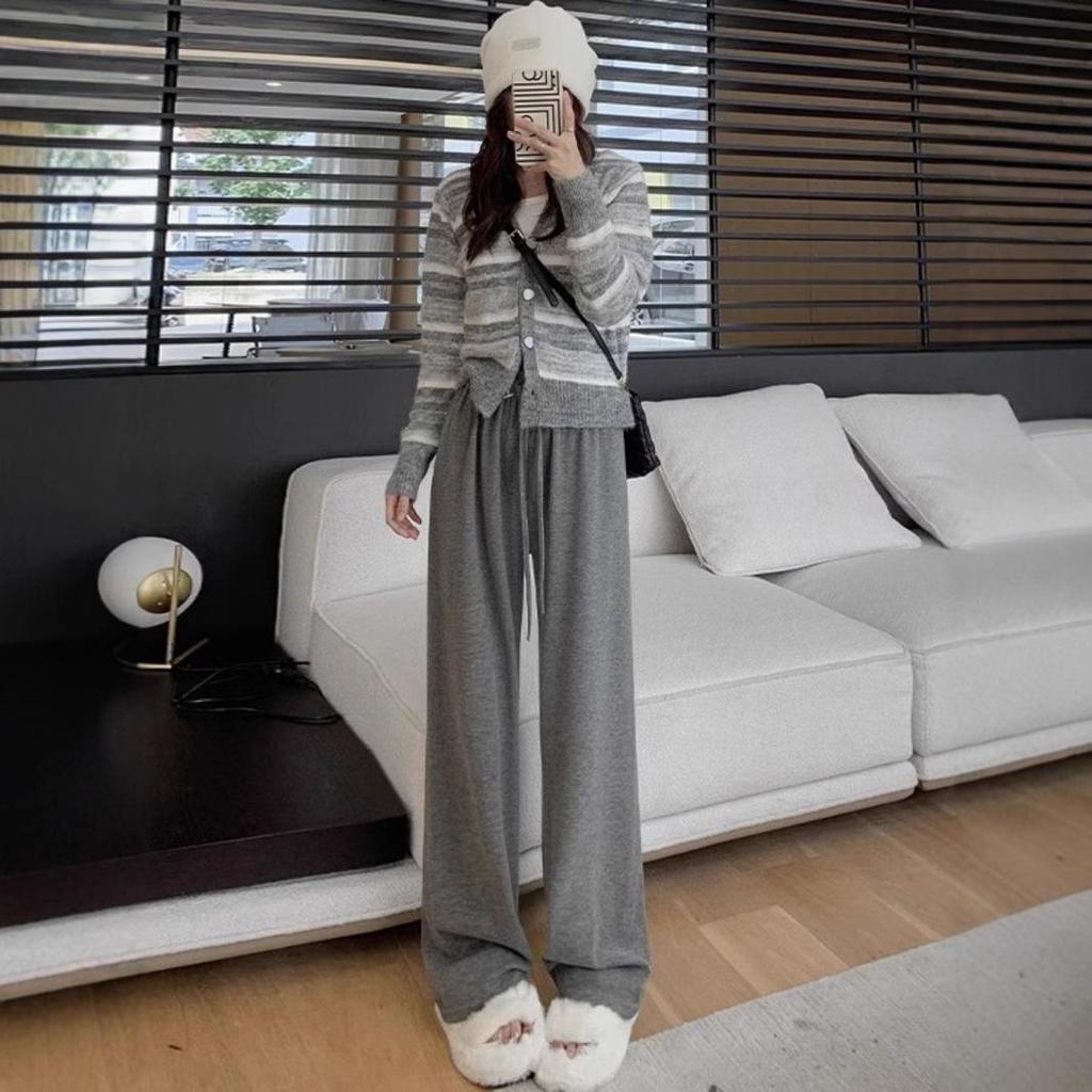 Women's Gray High-Waisted Slimming Wide-Leg Lazy Pants for Spring & Autumn