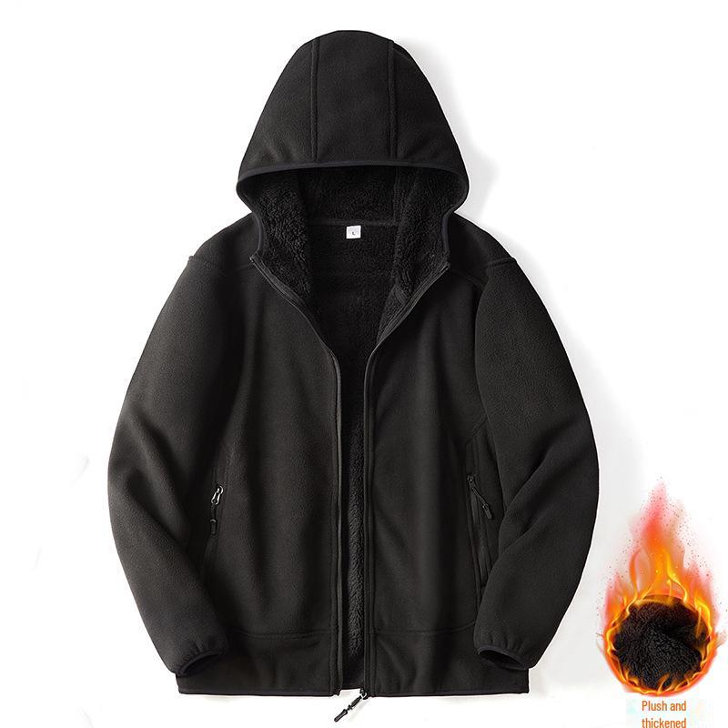 

Мужская плюшевая флисовая куртка с капюшоном - Толстый, теплый кардиган на молнии для осени и зимы. S (under 120 jin) чёрный