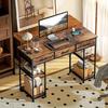 120cm Computer Desk with Power Outlets, Office Desk Study Table with Fabric Drawers and Storage Shelves, Rustic Brown