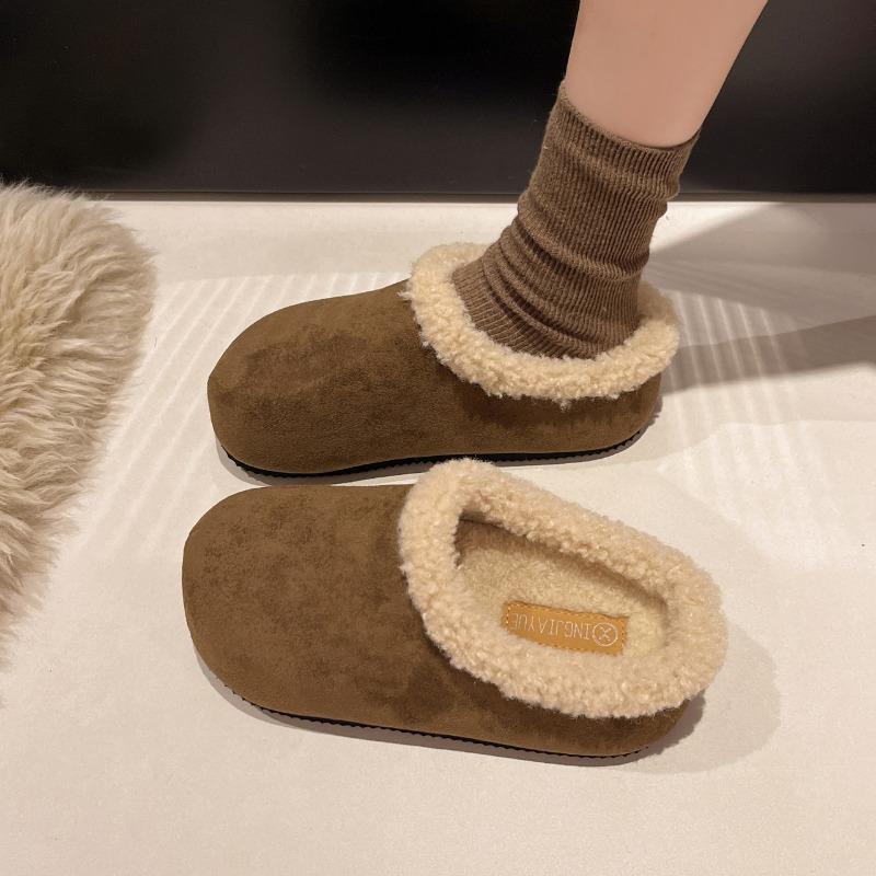 Fashion Winter New Baotou Slippers Women's Fashion Round Head Deep Mouth Suede Anti-slip Wear-resistant Flat Shoes