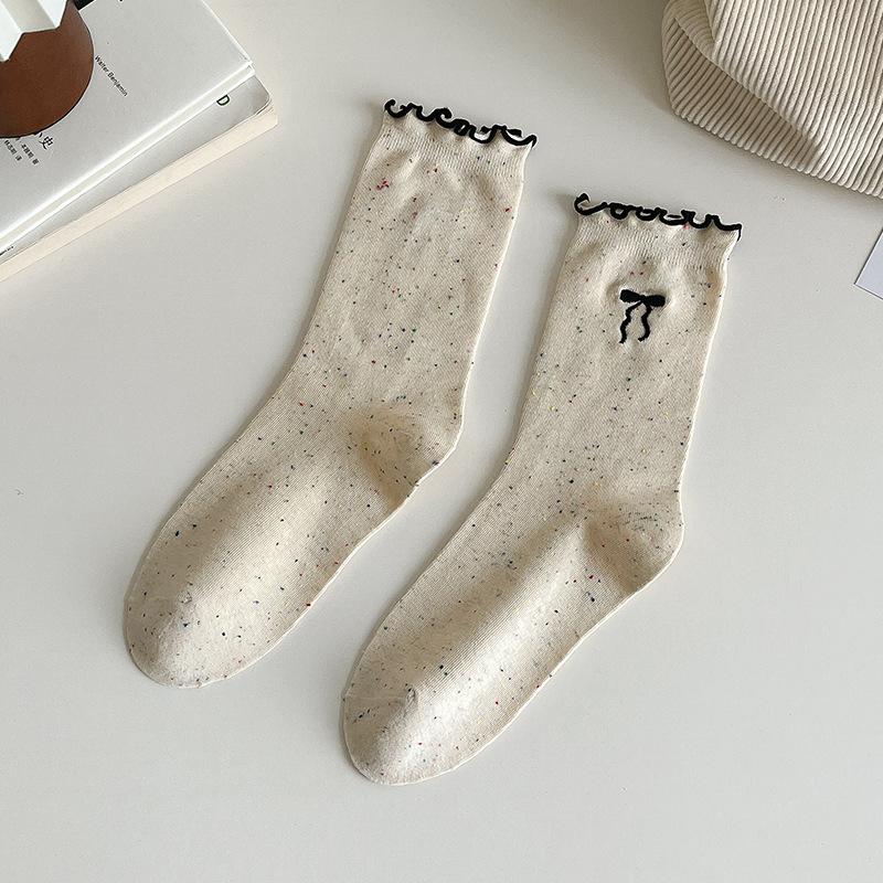 SCIONE Women's Pile Socks Solid Color Cotton Socks Spring and Autumn Yarn Stockings Cute Kapibala Series Ruffled Trim Embroidered Girl Socks