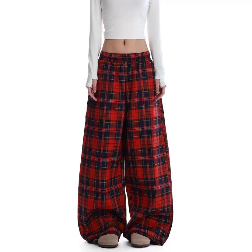 Women s Retro Red Plaid Wide-Leg Casual Pants Extra Large