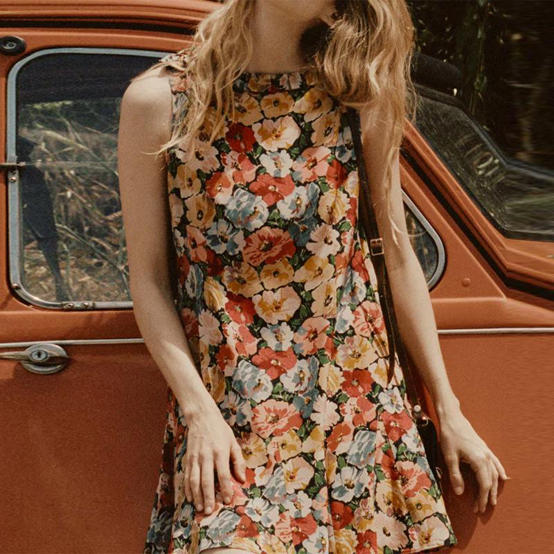 

Летнее женское короткое платье без рукавов с круглым вырезом из шелка с цветочным принтом 2025 - Стиль французских каникул. Small