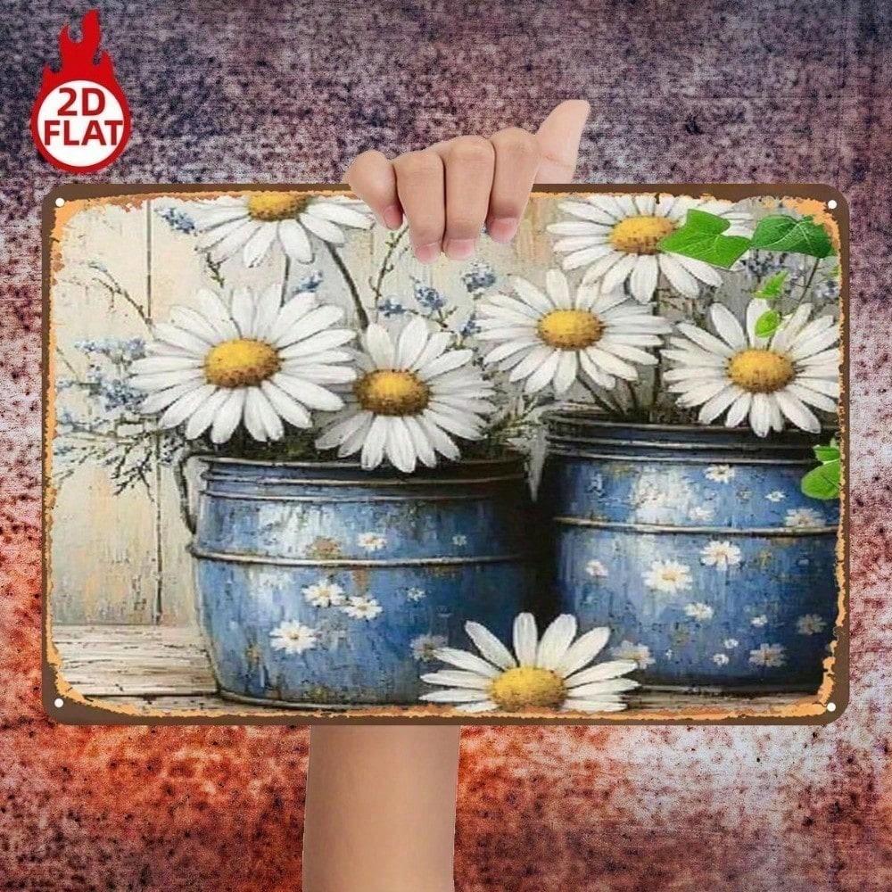 1pc Vintage Daisy Metal Sign Rustic Blue Pot Floral Wall Decor 2D Flat Iron Art for Home Restaurant Bar Garage 8x12 Inch