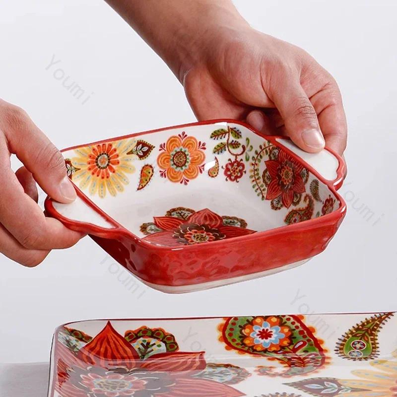 Creative Bohemian Style Ceramic Plates Retro Restaurant Salad Pasta Plate Delicious Dishes Large Soup Bowls Household Tableware