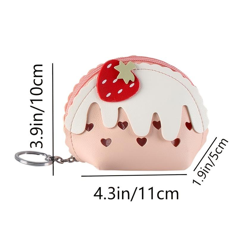 Girl's PU Leather Cartoon Strawberry Cake Heart Pattern Coin Purse Mini Cute Wallets With Keychain Outdoor Money Cards Storage Handbags