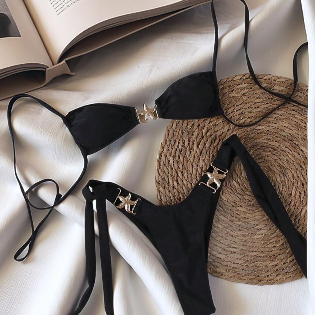 Sexy Women's Bikini Set with Straps Starfish Bathing Suit Metal Drawstring Low Waist Sexy Swimsuit Set