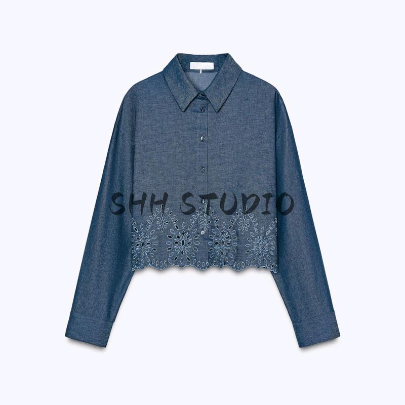 Spring New Women's Clothing French Hollow Embroider Decorative Long Sleeves Lapel Casual Short Shirt 3564060