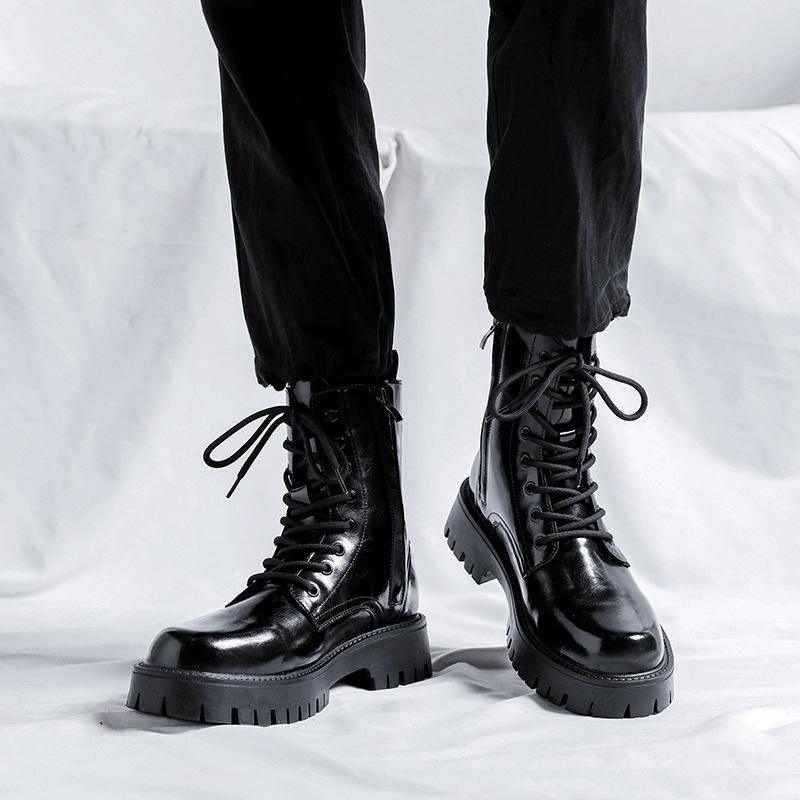 2026 New Patent Leather Martin Boots Men's Autumn and Winter Zipper Short Boots Glossy Lace-up Formal High-top Men's Shoes 2159-F